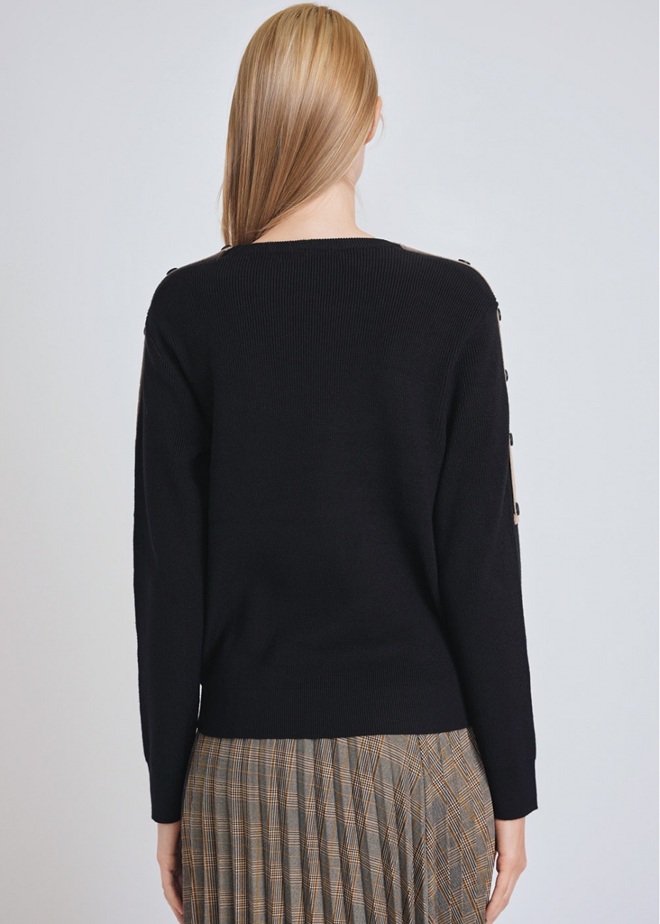 Trendy Black Sweater Knit Texture Sleeve Buttons Modest Women